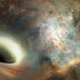 Press release art that doesn’t at all accurately depict what orbiting black holes 24 light years away would look like but does look pretty nice (Image: Joshua Valenzuela/UNM)